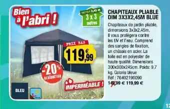Outiror Chapiteaux Pliable Dim 3 X 3 X 2,45 M Blue offre