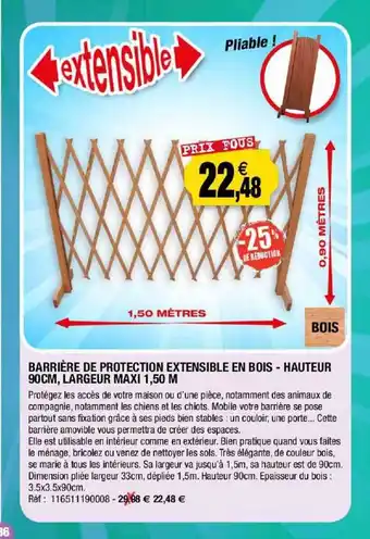 Outiror Barrière De Protection Extensible En Bois - Hauteur 90 Cm, Largeur Maxi 1,50 Cm offre