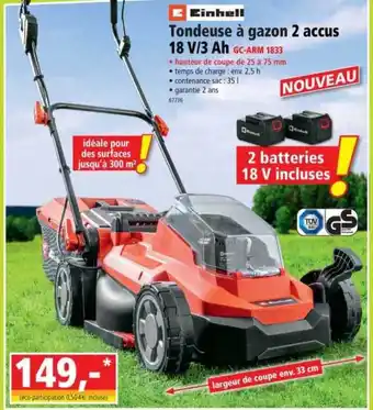 Norma Tondeuse à Gazon 2 Accus 18 V-3 Ah Einhell offre