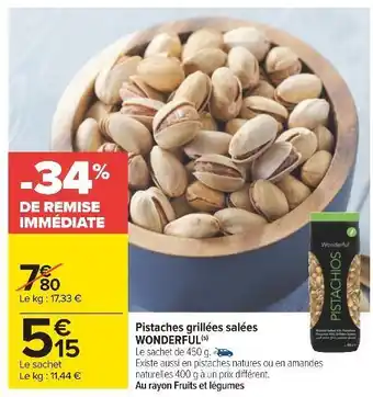 Carrefour Wonderful pistaches grillées salées offre