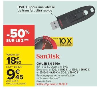 Carrefour Sandisk clé usb 3.0 64go offre