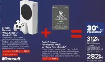 Xbox console microsoft "xbox series s" blanche 512 go + carte prépayée abonnement 1 mois au "game pass ultimate"