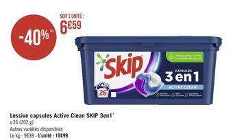 Géant Casino Skip lessive capsules active clean 3en1* offre