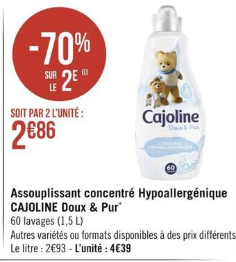 Géant Casino Cajoline assouplissant concentré hypoallergénique doux & pur* offre