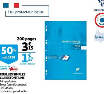 Auchan Clairefontaine feuilles simples offre
