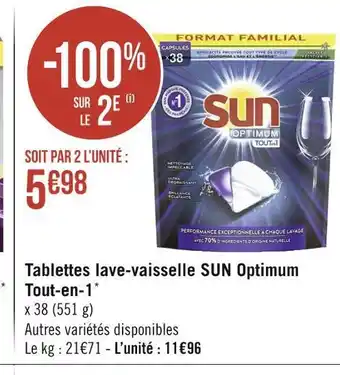 Géant Casino Sun tablettes lave-vaisselle optimum tout-en-1* offre