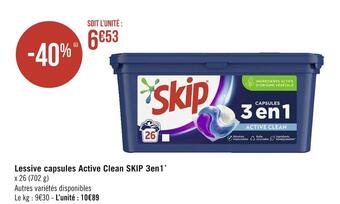Géant Casino Skip lessive capsules active clean 3en1* offre