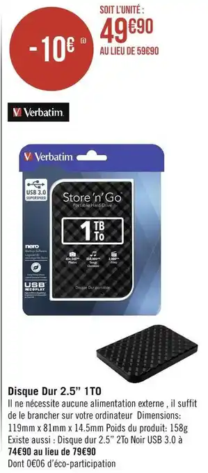 Géant Casino Verbatim disque dur 2.5” 1to offre