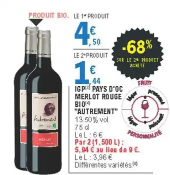 E.Leclerc Igp Pays D'oc Merlot Rouge Bio offre