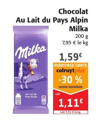 Colruyt Chocolat Au Lait Du Pays Alpin Milka offre