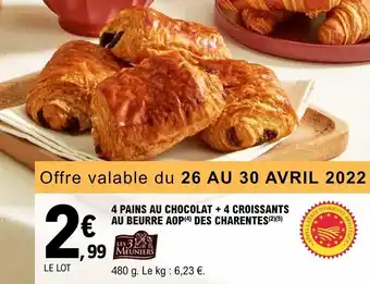E.Leclerc 4 Pains au chocolat + 4 croissants au beurre aop offre
