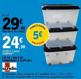 E.Leclerc Lot de 3 bacs de rangement a clips 60 L offre