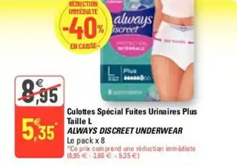 G20 Culottes spécial fuites urinaires plus taille L offre