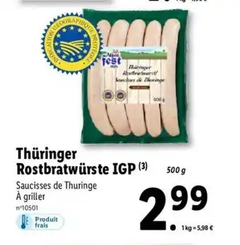 Lidl Thuringer Rostbratwurste IGP offre