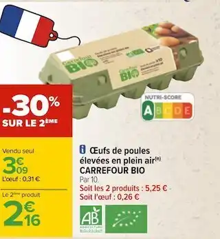 Carrefour Carrefour bio œufs de poules élevées en plein air offre