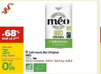 Carrefour Méo café moulu bio l'original offre