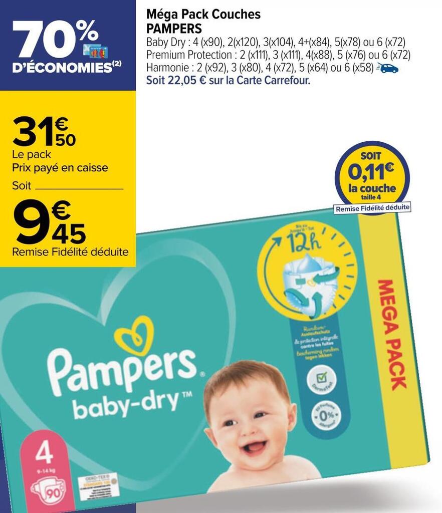 Promo Pampers méga pack couches chez Carrefour