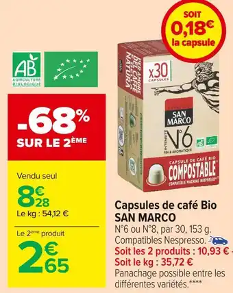 Carrefour Market San marco capsules de café bio offre