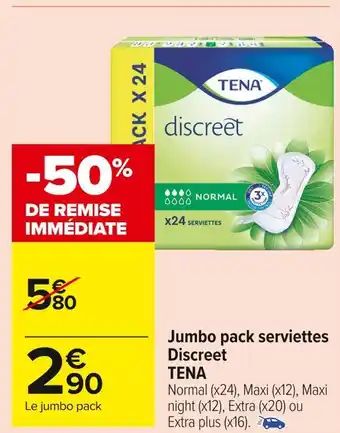 Carrefour Market Tena jumbo pack serviettes discreet offre