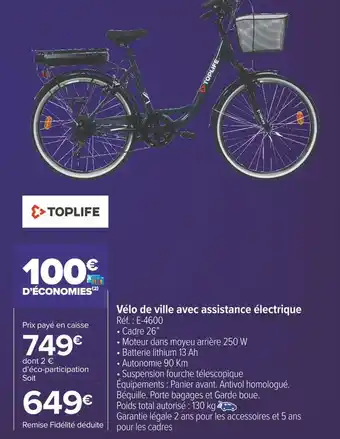 Carrefour Market Toplife vélo de ville avec assistance électrique offre