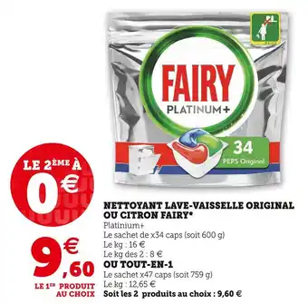 Super U Fairy nettoyant lave-vaisselle original ou citron offre