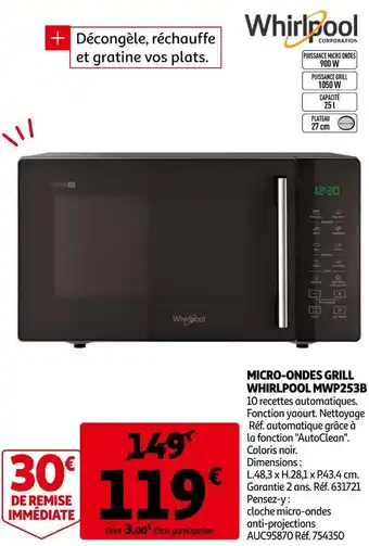 Whirlpool micro-ondes grill whirlpool mwp253b