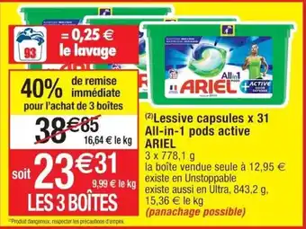 Cora x Carrefour Lessive capsules x 31 all-in-1 pods active ARIEL offre