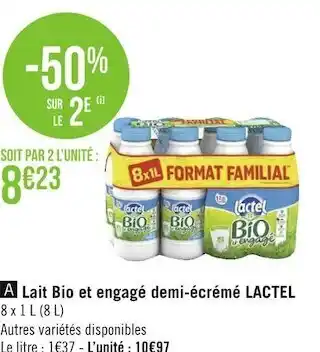 Géant Casino Lactel lait bio et engagé demi-écrémé offre