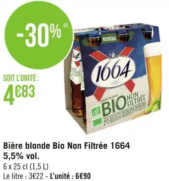 Géant Casino 1664 bière blonde bio non filtrée 5,5% vol. offre