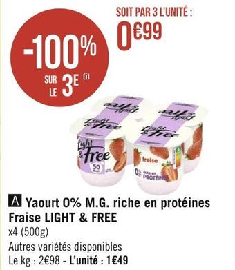 Géant Casino Light & free yaourt 0% m.g. riche en protéines fraise offre