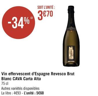 Cava vin effervescent d’espagne revesco brut blanc carta alta