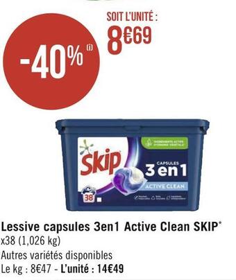 Géant Casino Skip* lessive capsules 3en1 active clean offre