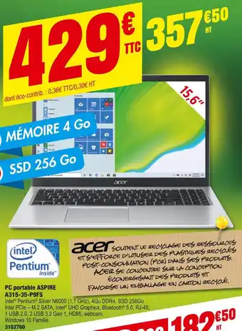 Plein ciel Acer pc portable aspire a315-35-p9fs offre