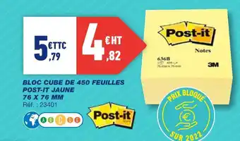 Bureau Vallée Post-it bloc cube de 450 feuilles jaune 76 x 76 mm offre