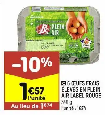 Leader Price 6 oeufs frais élevés en plein air label rouge offre