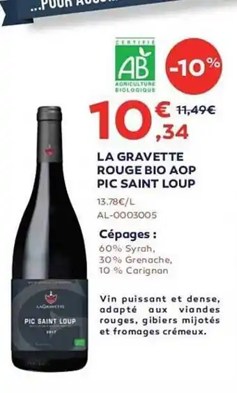 Cabesto La Gravette Rouge Bio Aop Pic Saint Loup offre