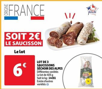 Auchan Lot de 3 saucissons séchoir des alpes offre
