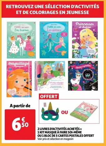 Auchan 2 livres d'activités achetés = 1 kit masque à faire soi-même ou 1 bloc de 5 cartes postales offert offre
