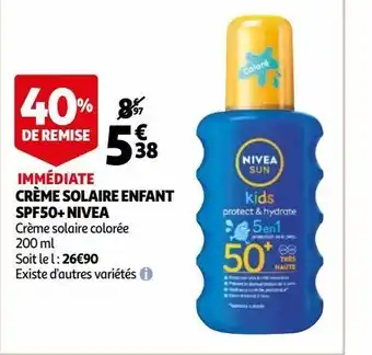 Auchan Crème solaire enfant spf50+ nivea offre