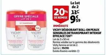 Auchan Vichy déodorant roll-on peaux sensibles detranspirant intensif efficace 72h offre