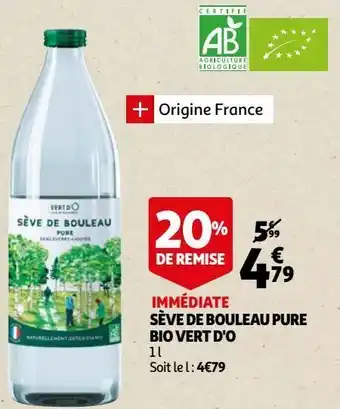 Auchan Sève de bouleau pure bio vert d'o offre