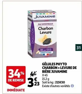 Auchan Gélules phyto charbon + levure de bière juvamine offre