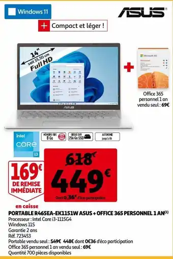 Auchan Portable r465ea-ek1151w asus + office 365 personnel 1 an offre