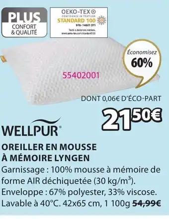 JYSK Wellpur Oreiller em mouse à mémoire lyngen offre