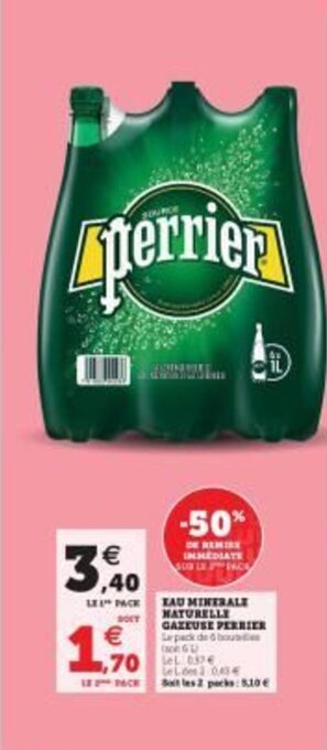 Hyper U Eau minerale naturelle gazeuse Perrier offre