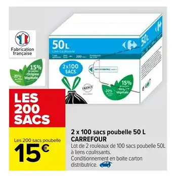 Carrefour 2 x 100 sacs poubelle 50 L Carrefour offre