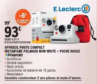 E.Leclerc Polaroid Appareil Photo Compact Instantané Polaroid Now White + Poche Rouge offre
