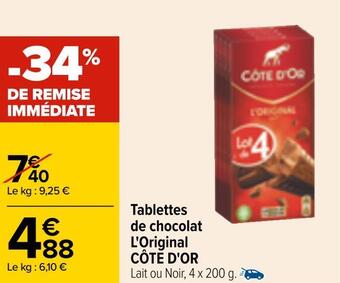 Carrefour Côte d'or tablettes de chocolat l'original offre