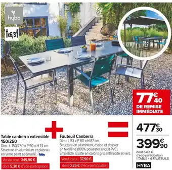 Carrefour Market Hyba table canberra extensible 150/250 + fauteuil canberra offre