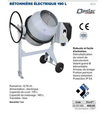 Bétonnière électrique 190 L Opsial